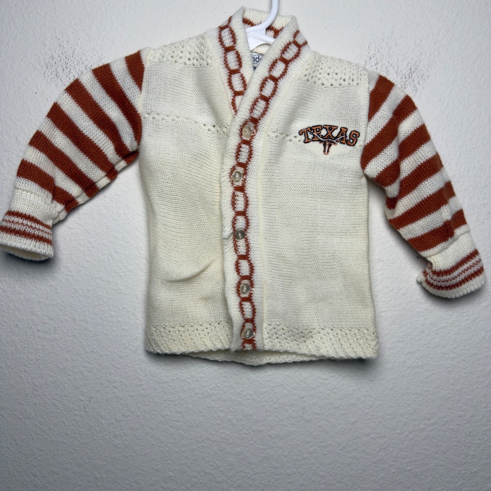 VTG Made in USA Brandon Baby Cardigan Sweater White Burnt Orange Texas Longhorns